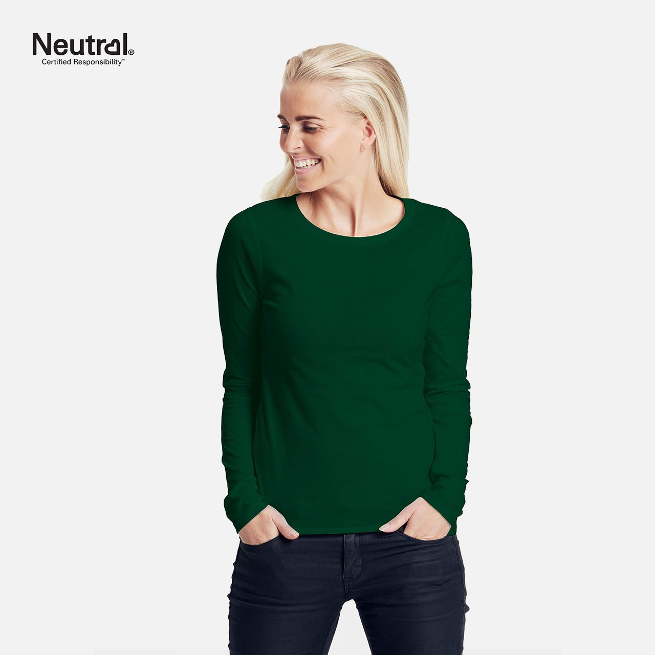 Langarmshirt, Damenoberteil, Dunkelgrün, Rundhalsausschnitt, Uni