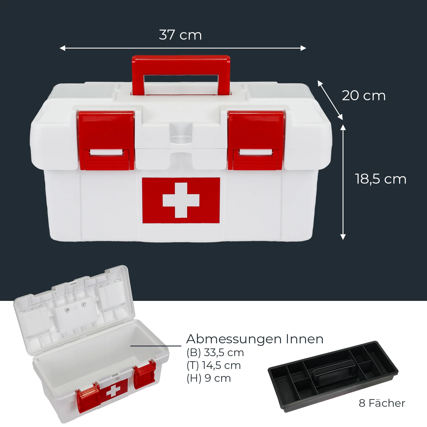 HMF Erste Hilfe Kasten zur Medikamenten Aufbewahrung, Medizinbox leer für Sportverein Betrieb oder Zuhause 37 x 19,5 x 18,5 cm Weiß-Rot