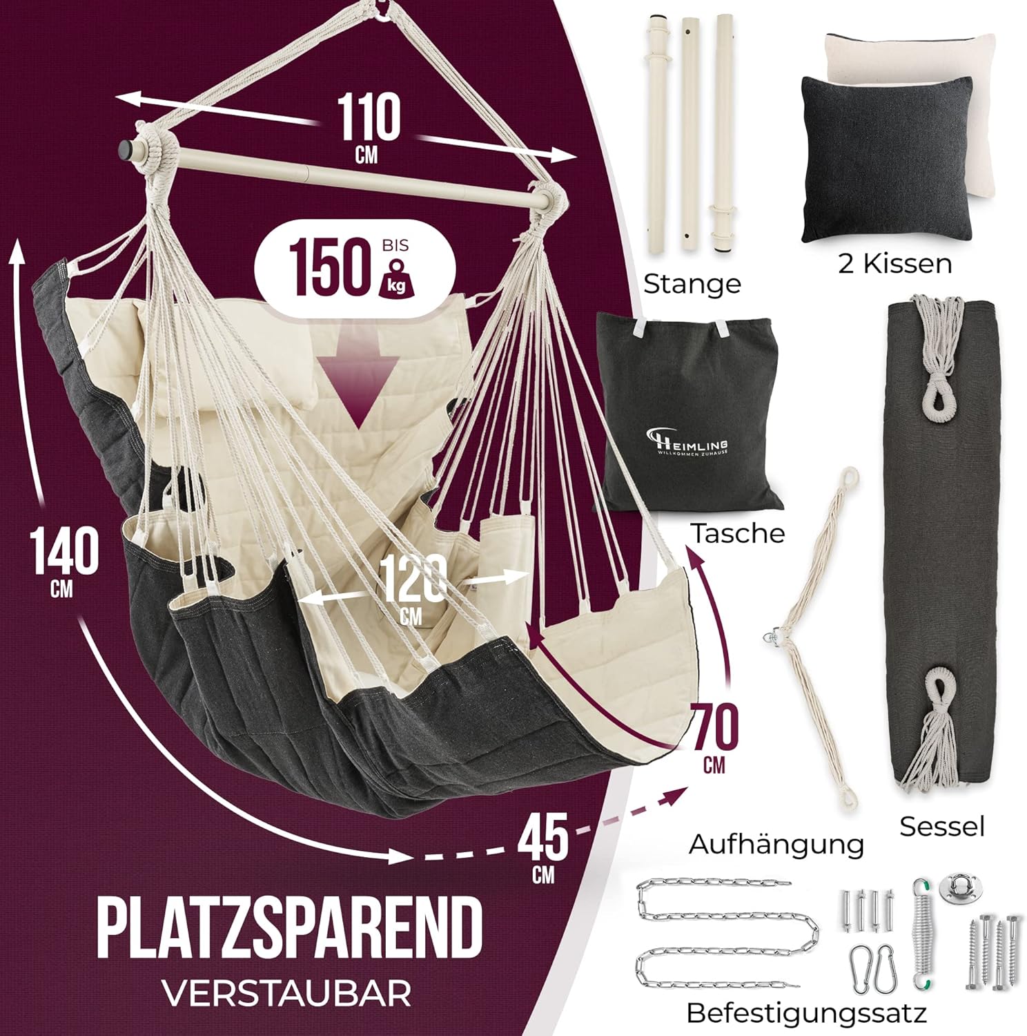 Hängematte, Tragekonstruktion, Kissen, Sitzauflage, Aufhängung