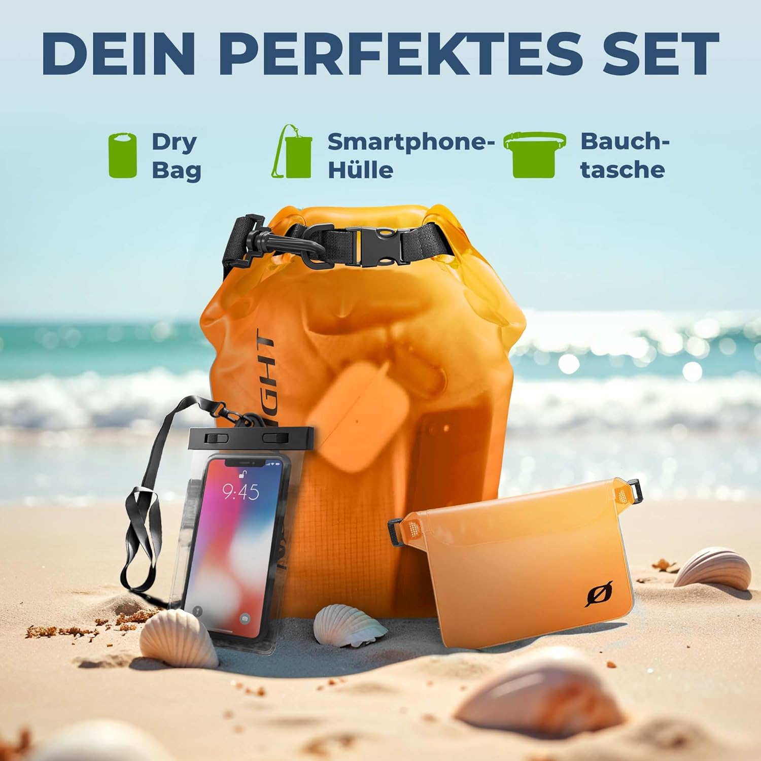 Nordlight 3er Set Wasserdichter Rucksack Dry Bag 10L - Roll Top Rucksack Kurierrucksack orange