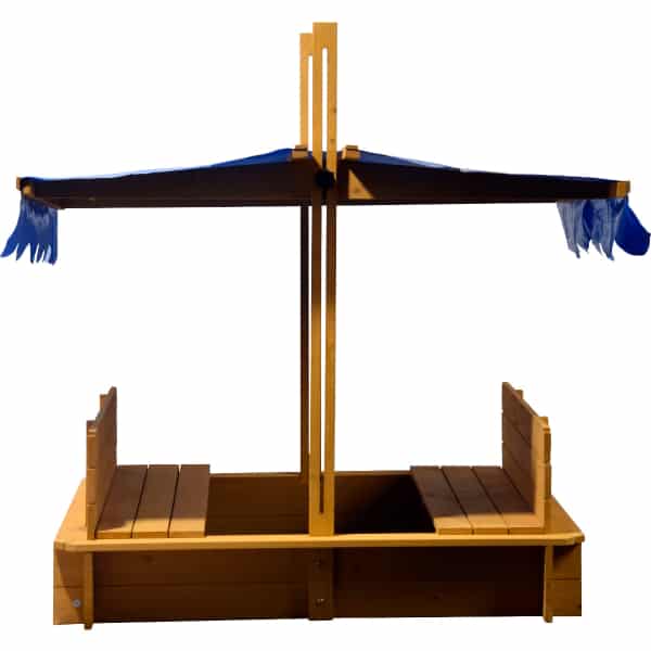Holzstand, Schaukelbahn, Sitzbank, Sandkasten, Sonnenschutz