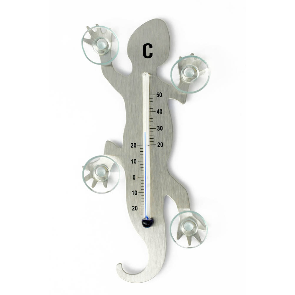 Fenster - Thermometer Gecko aus Metall, 14 cm mit 4 starken Saugnäpfen zur Befestigung innen und auß