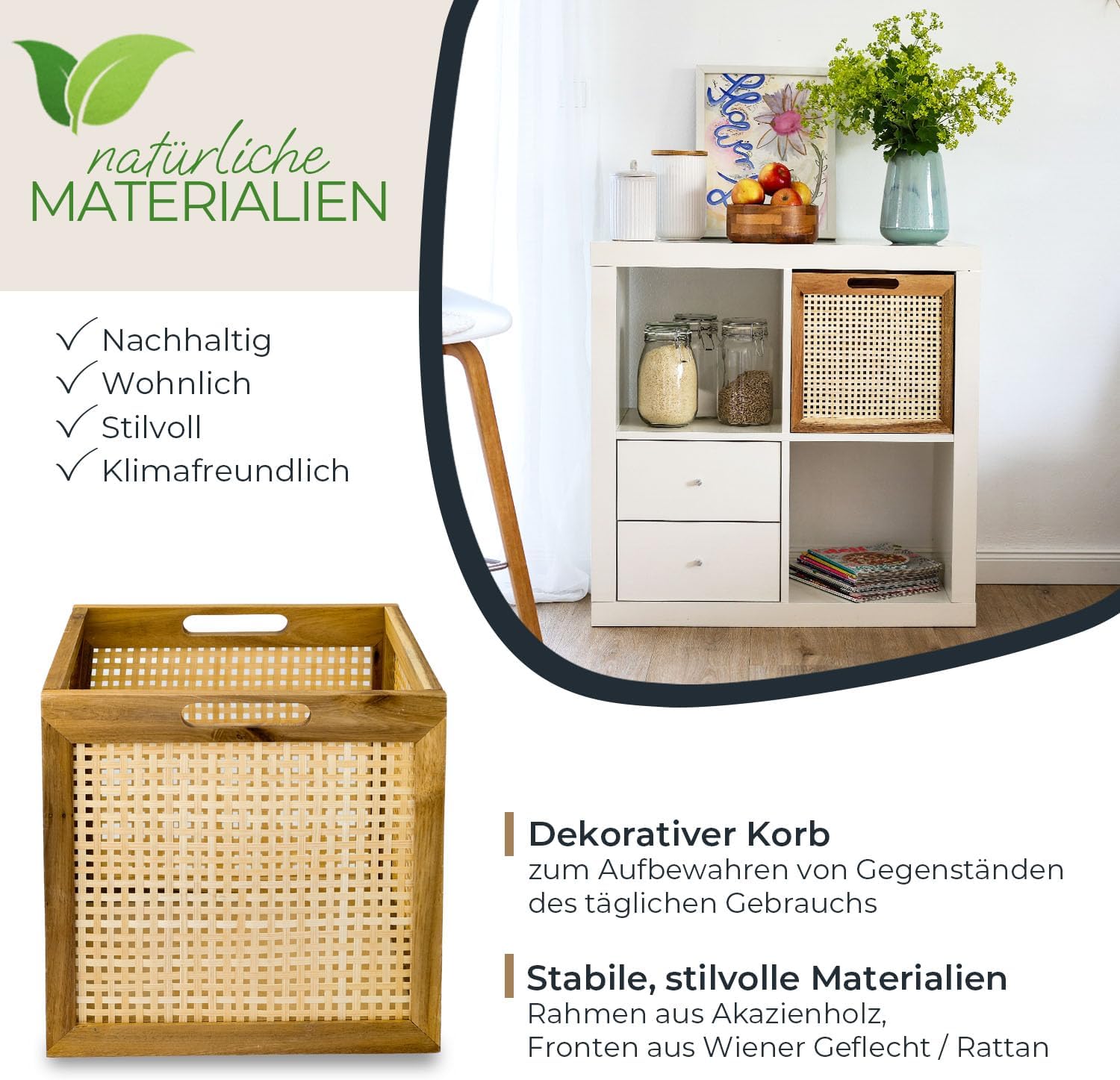HMF Aufbewahrungskorb passend für Kallax Regale Korb aus Rattan mit Wiener Geflecht und Akazienholz Muster 3 32 x 34 x 32 cm