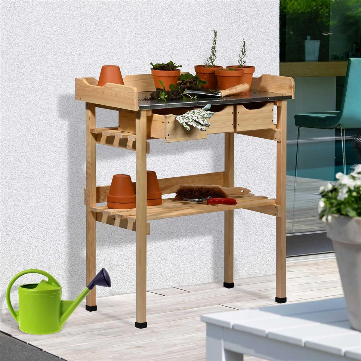 Gartentisch, Werkbank, Holz, Blumentopf, Gartenwerkzeug