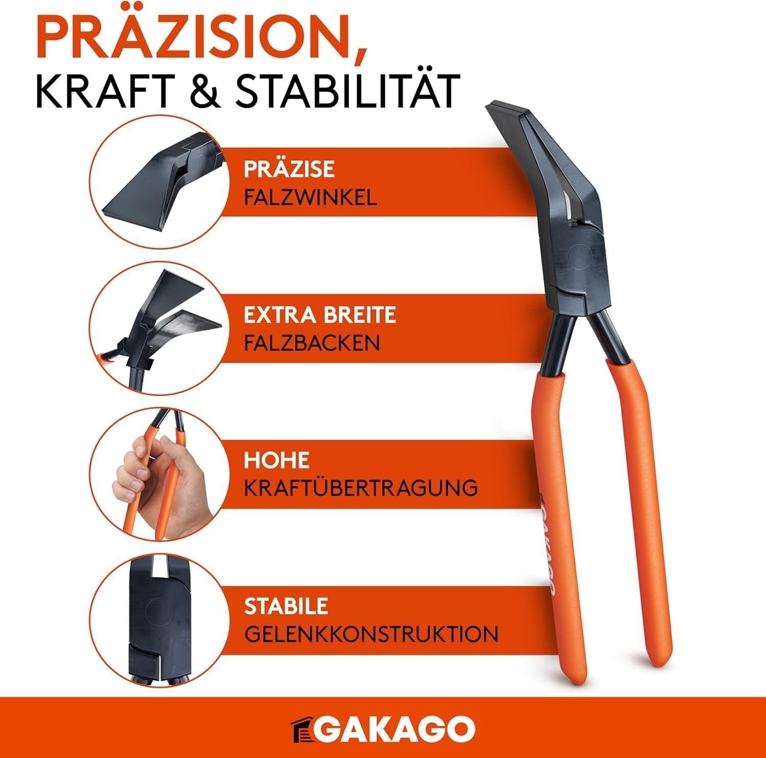 Falzzange, Blechbearbeitungswerkzeug, breite Backen, orange Griffe, Metall