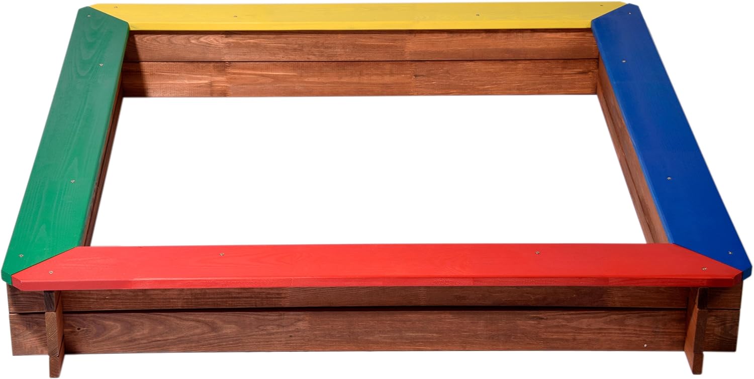 dobar green label quadratischer Sandkasten Bunte Sandkiste Holz ohne Dach Klassischer Kinder-Sandbox aus massivem Vollholz 117 x 117 x 18 cm 5-farbig