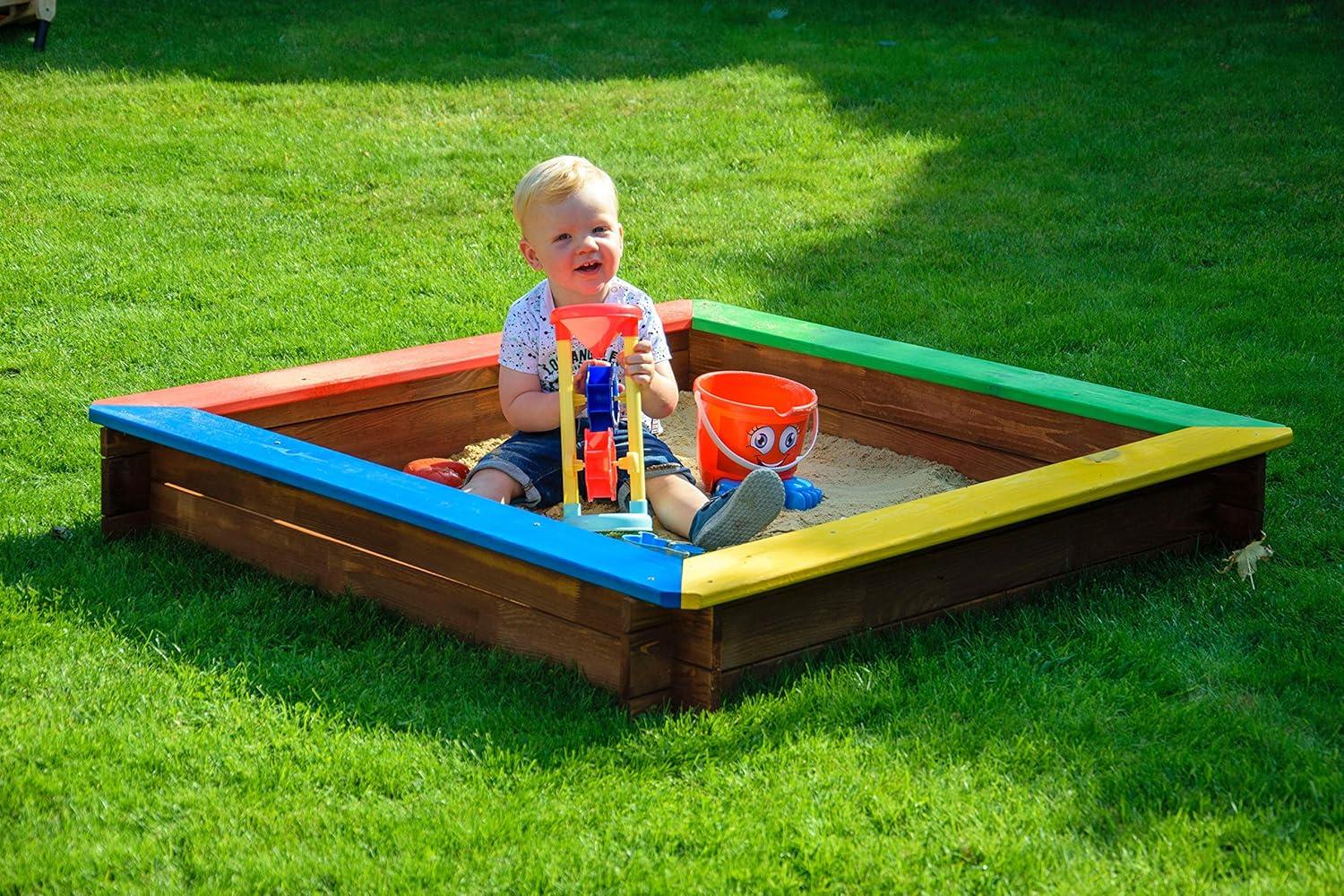 dobar green label quadratischer Sandkasten Bunte Sandkiste Holz ohne Dach Klassischer Kinder-Sandbox aus massivem Vollholz 117 x 117 x 18 cm 5-farbig