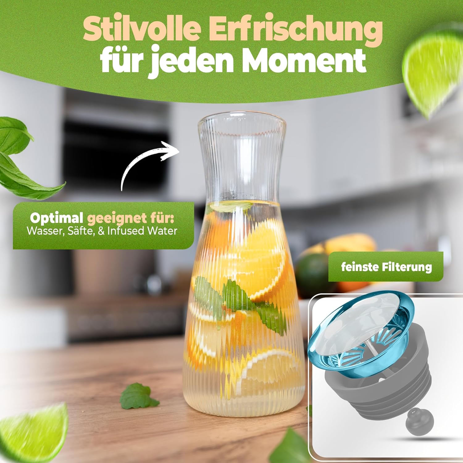 Clidor Wasserkaraffe mit Deckel 1,0 L Klarglas