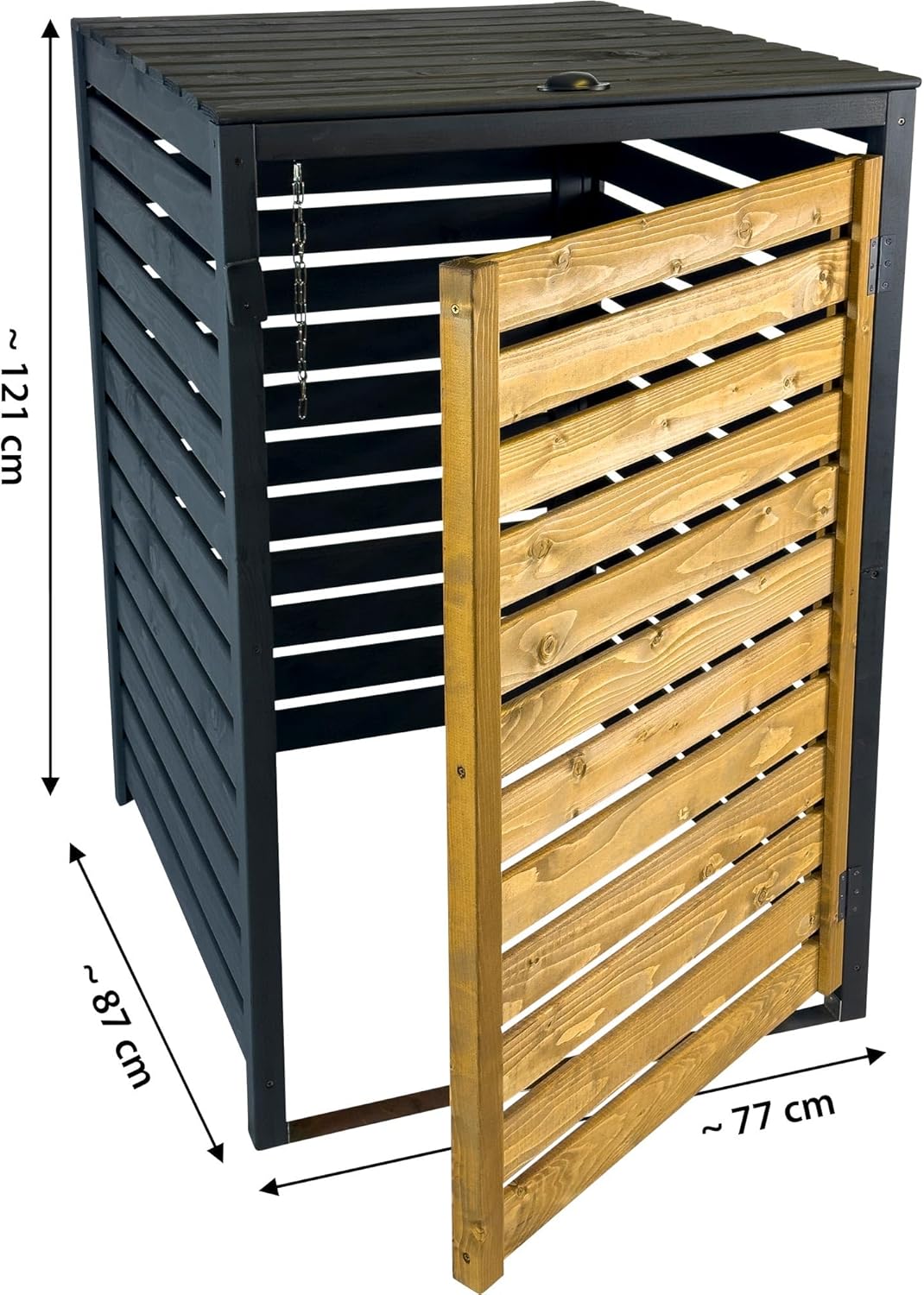 dobar green Label Mülltonnenverkleidung 1er 240 L aus Holz in Braun-Schwarz als Bausatz - Mülltonnenbox mit Deckel und Schwingtür zweifarbig - 77 x 87 x 121 cm