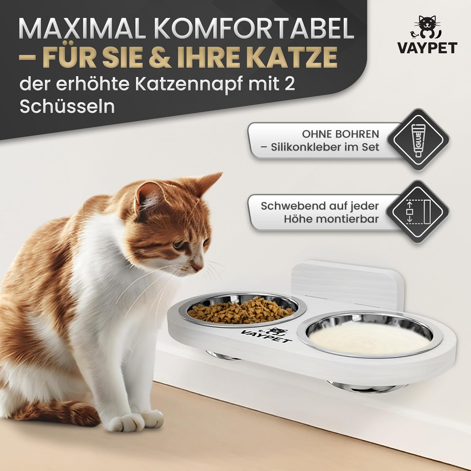 VAYPET Doppel-Katzennapf erhöht Futternapf Fressnapf Schwebend montierbar weiß