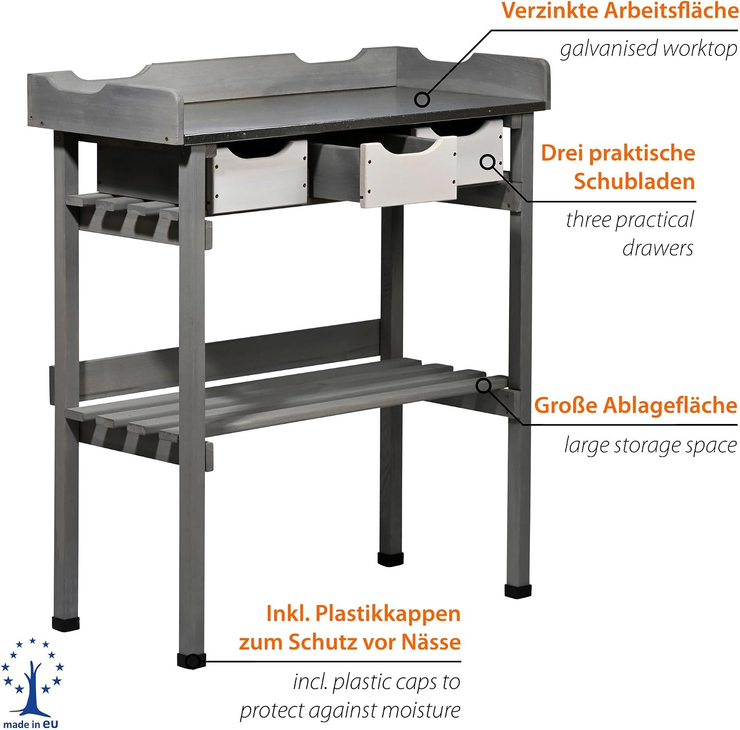 Werkbank, Arbeitsstation, Holz, verzinkte Arbeitsfläche, Schubladen