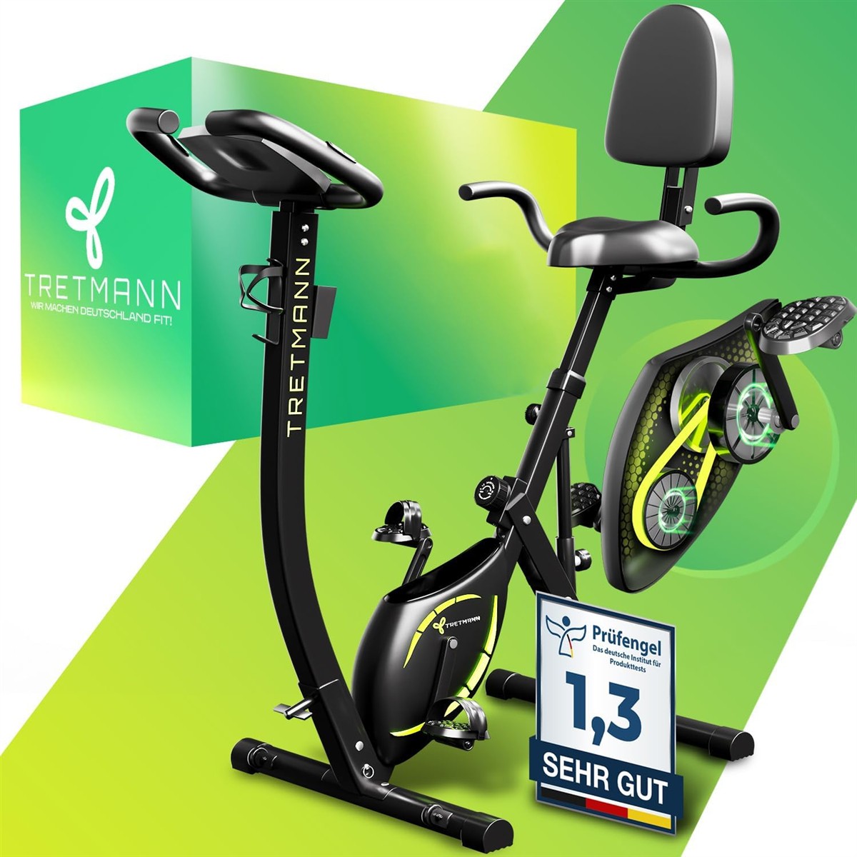 Heimtrainer, Standfahrrad, Pedaltrainer, Kompaktes Cardiogerät, Schwarz mit gelben Akzenten