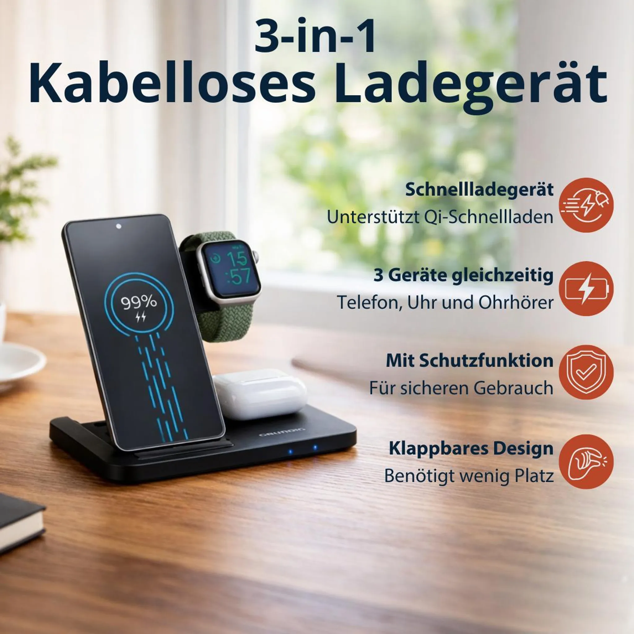 Grundig 3-in-1 Kabellose Ladestation für Apple Watch und iPhone – Qi Ladegerät m