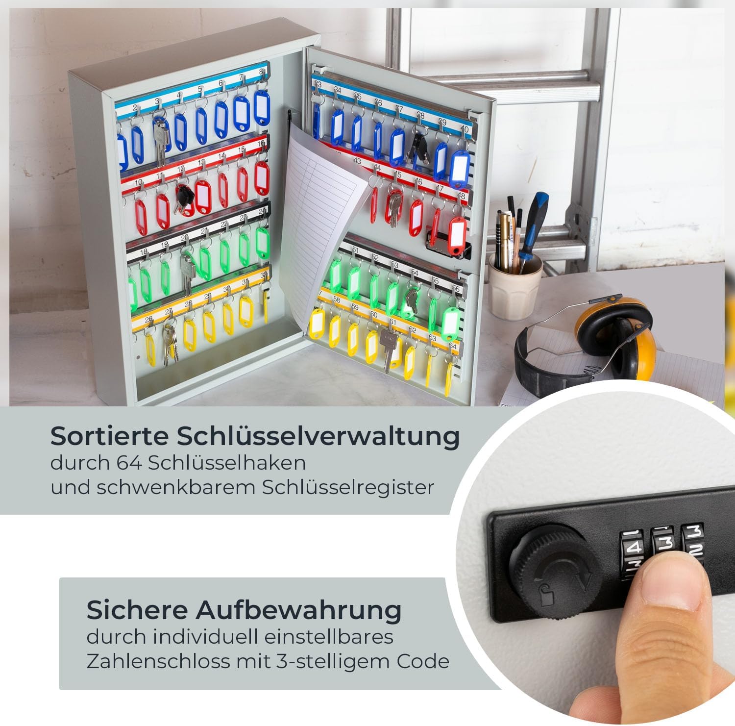 HMF Schlüsselschrank mit Zahlencode Schlüsselkasten 64 Haken 2302