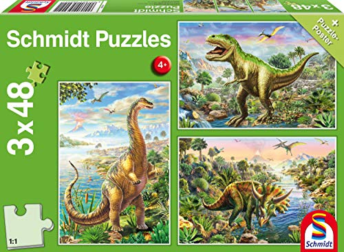 Schmidt Spiele 56202 Abenteuer mit den Dinosauriern, 3x48 Teile Kinderpuzzle