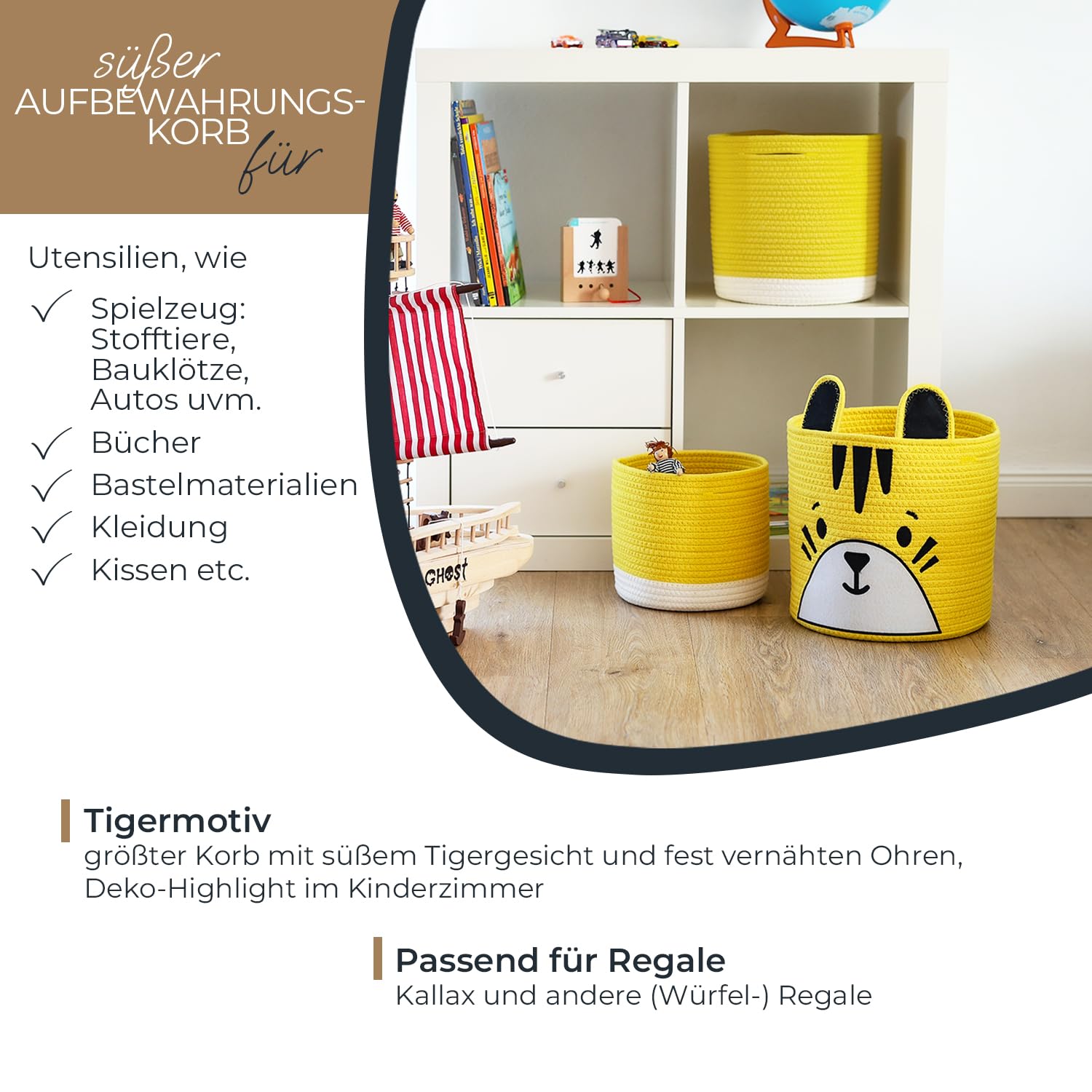 Korb, Stoffkorb, Tigermotiv, gelb, Kindergarten-Set