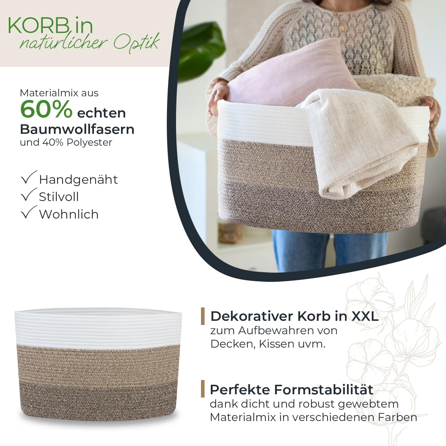 Dekorationskorb, XXL, Baumwollfaser, Streifen, Korb aus Baumwolle/Polyester