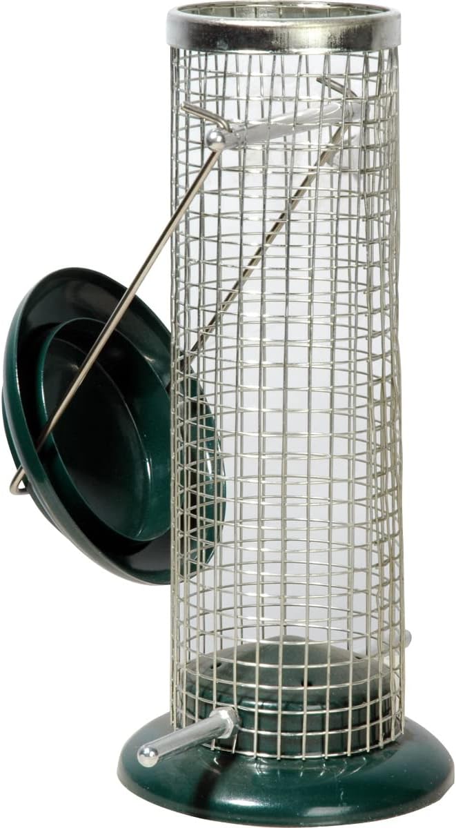 dobar Kompakte Vogelfuttersäule mit Anflugstangen  Wildvogelfutterspender für Nüsse - Vogelfutterstation Metall - Futterspender für Vögel in Garten/Terrasse/Balkon  Ø 9,5 x 23 cm - Grün