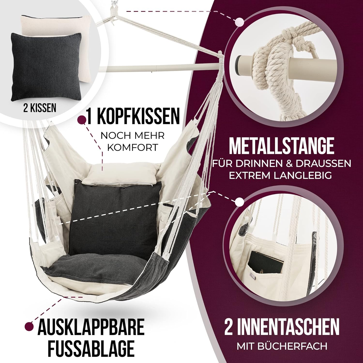 hängematte, kissen, schaukeln, metallstange, innenfach