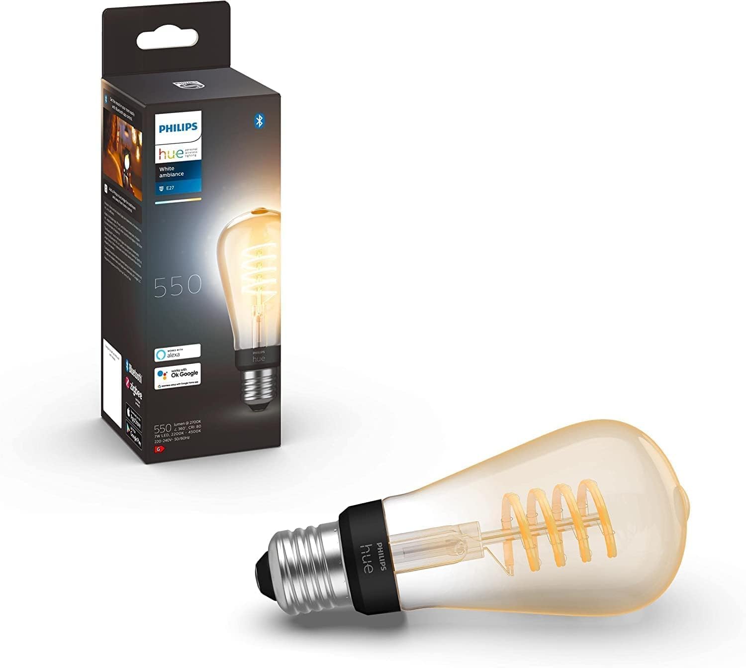 Philips 929002477701 Hue White Ambiance E27 Einzelpack Edison ST64 Filament 550lm dimmbar steuerbar via App Leuchtmittel Glühbirne