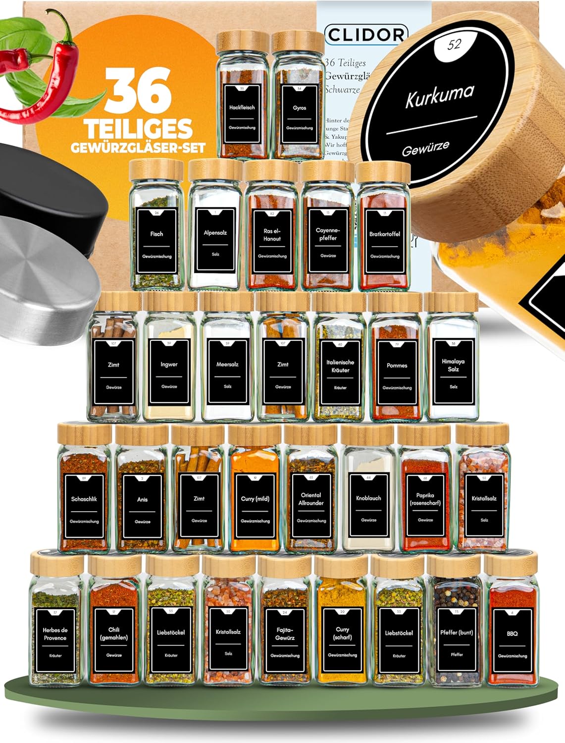 Clidor Gewürzgläser 36er Set 125 ml mit Streuer
