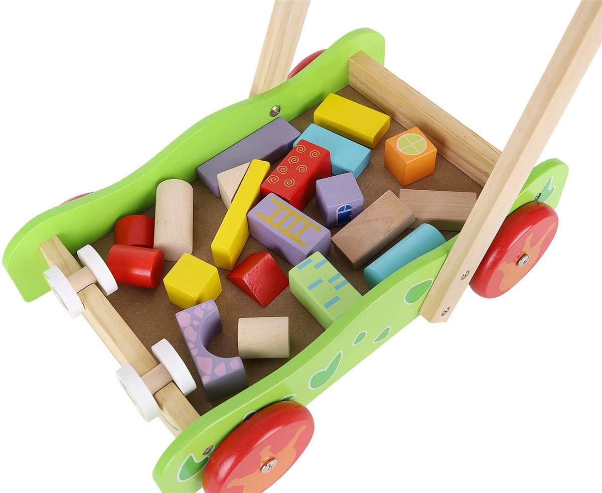 Kinder Spielzeug Lauflernhilfe Lauflernwagen Schubkarre aus Holz mit Bauklötzen