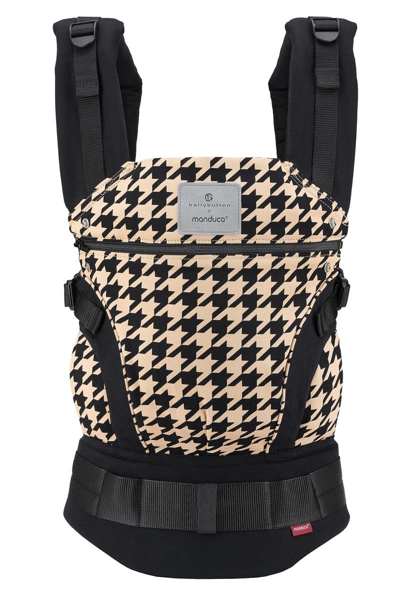 manduca FIRST Babytrage >< Baby- und Kindertrage aus weichem Canvas (Bio-Baumwolle) mit Rückenverlängerung & ergonomischen Hüftgurt für Kinder von 3,5 bis 20kg (Pepita Black)