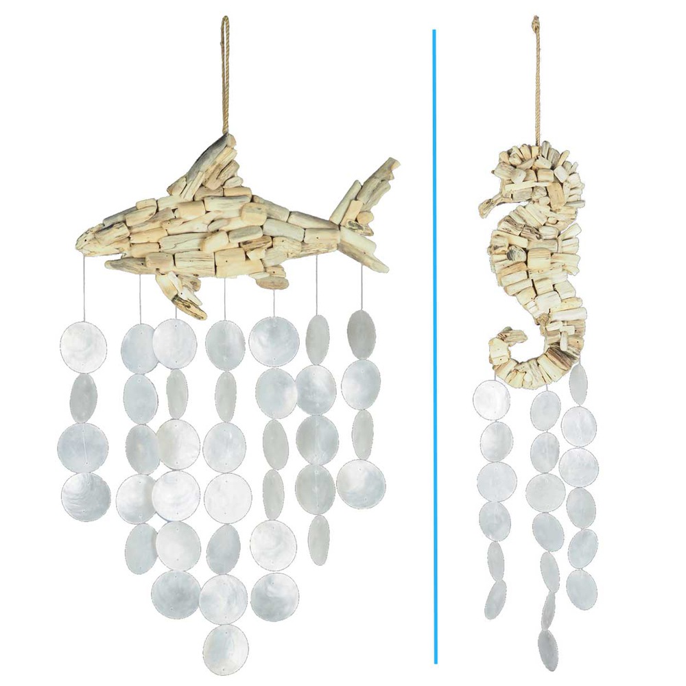 Auswahl Winspiele Strandgut Hai / Seepferd Muschelstücke Perlmutt Capiz Mobile für Fenster, Balkon &