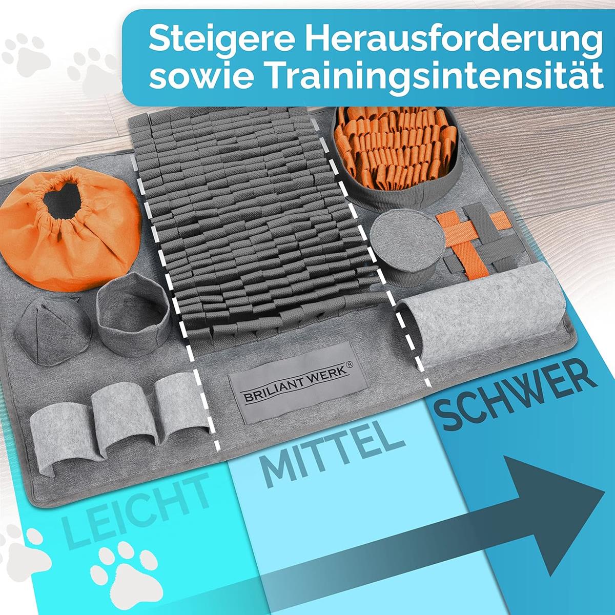 Briliantwerk Schnüffelteppich Hund – Extrem widerstandsfähiges Material - 10 Trainingselemente und 3 Schwierigkeitsstufen Intelligenzspielzeug orange