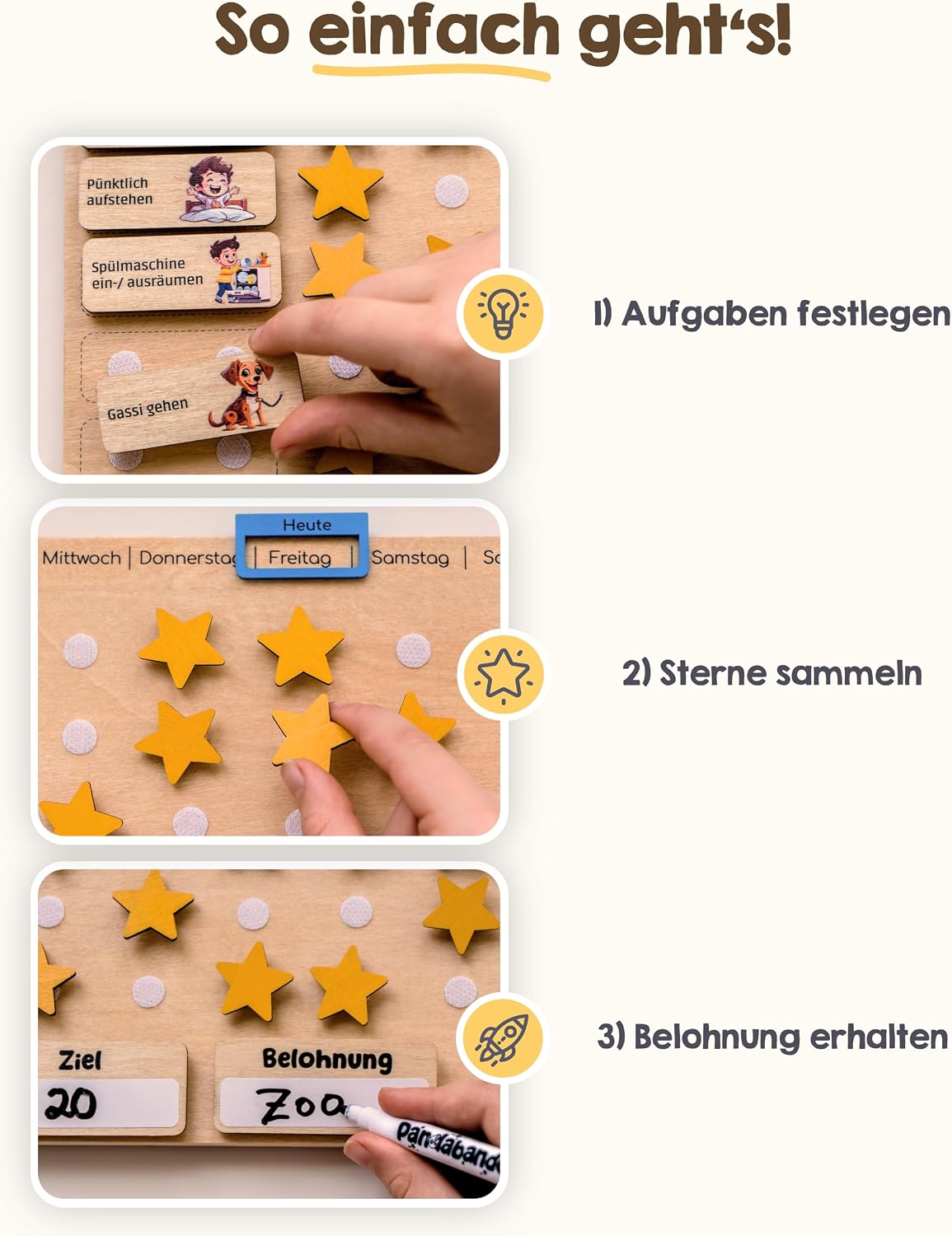 Holzspiel, Kinder- Lernspiel, Sterne, Aufgabenplan, Belohnung