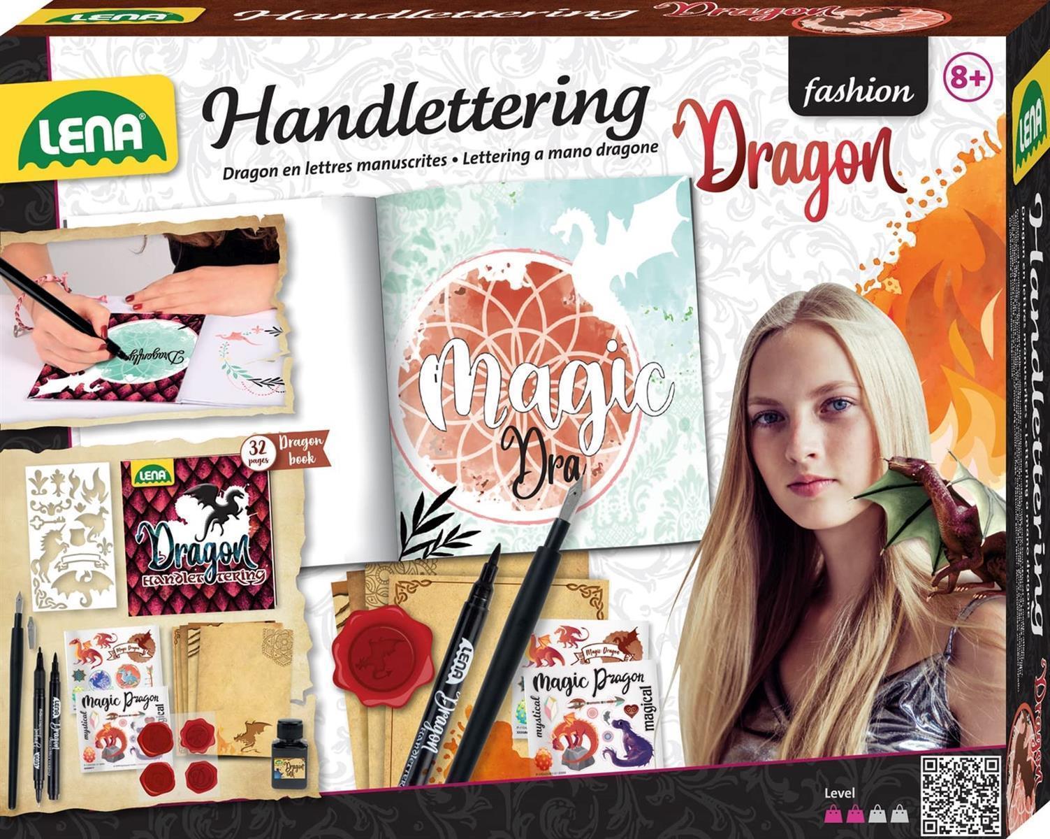 Lena 42336 Handlettering und Kalligraphie Set, Malheft mit Drachen-Motiven, 2 Schwarze Stifte, 2 Federn mit Tintenfass, Sticker und 4 Brief Vorlagen, Kreativset für Kinder ab 8 Jahren, Mehrfarbig