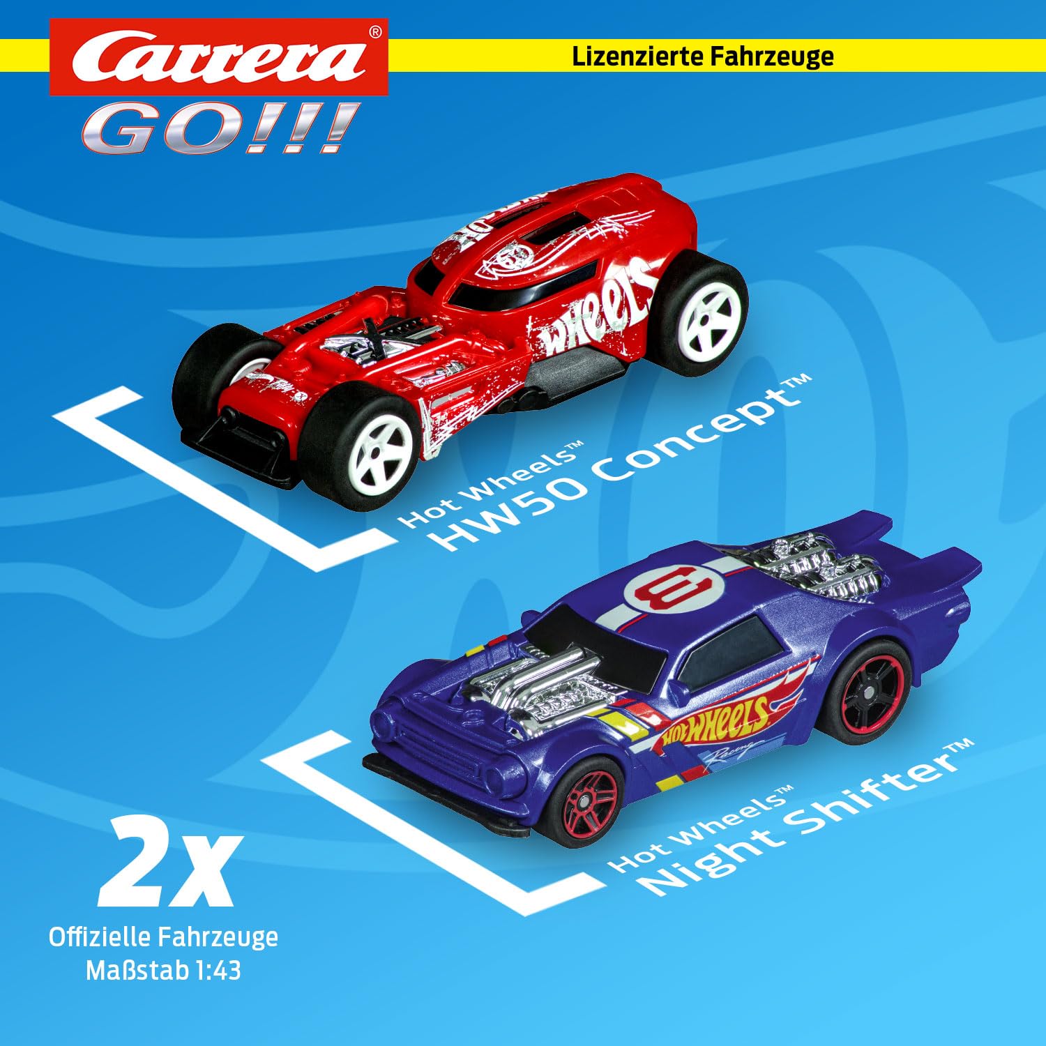 Mattel 20063517 Carrera Go Hot Wheels Rennbahn Set Duell Night Shifter HW50 Concept Sprungschanze mit Feuerring 1:43 Autorennbahn
