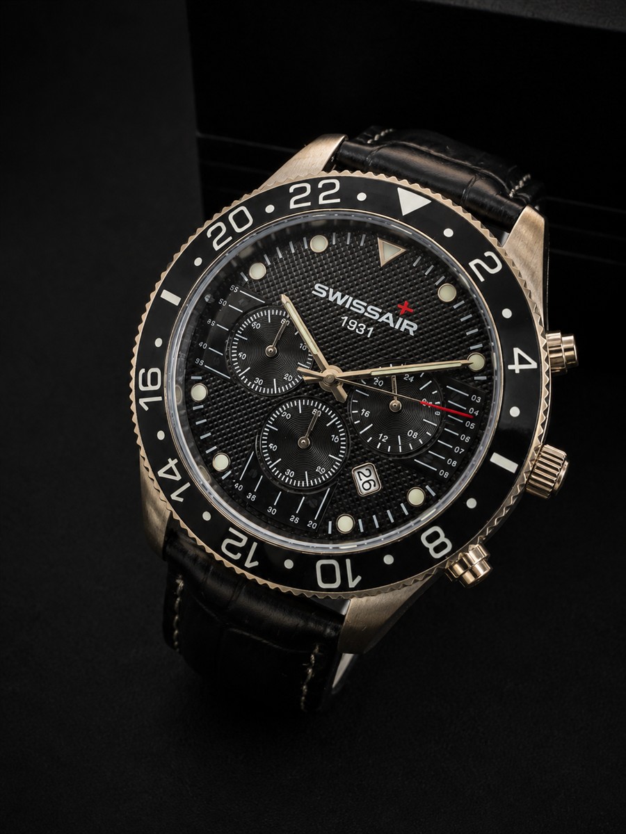 uhr, chronograph, lederarmband, schwarz, duochrom