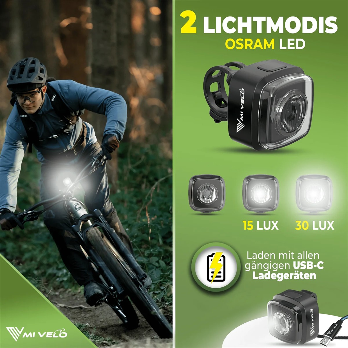 Fahrradhelm, Bike-Lampe, LED-Lampe, USB-C Ladegerät, Beleuchtungset