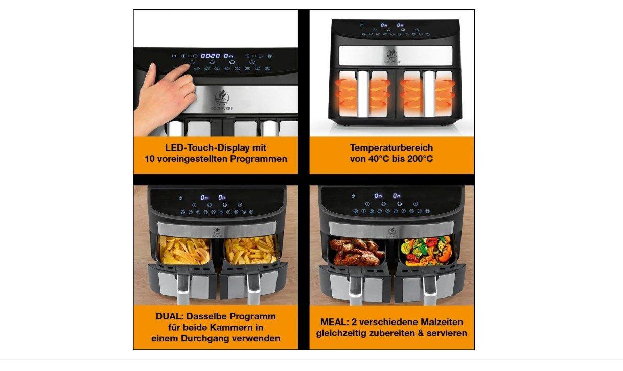 Kochwerk Heißluftfritteuse 2400W Touchdisplay 10 Programme Doppelkammer Edelstahl schwarz