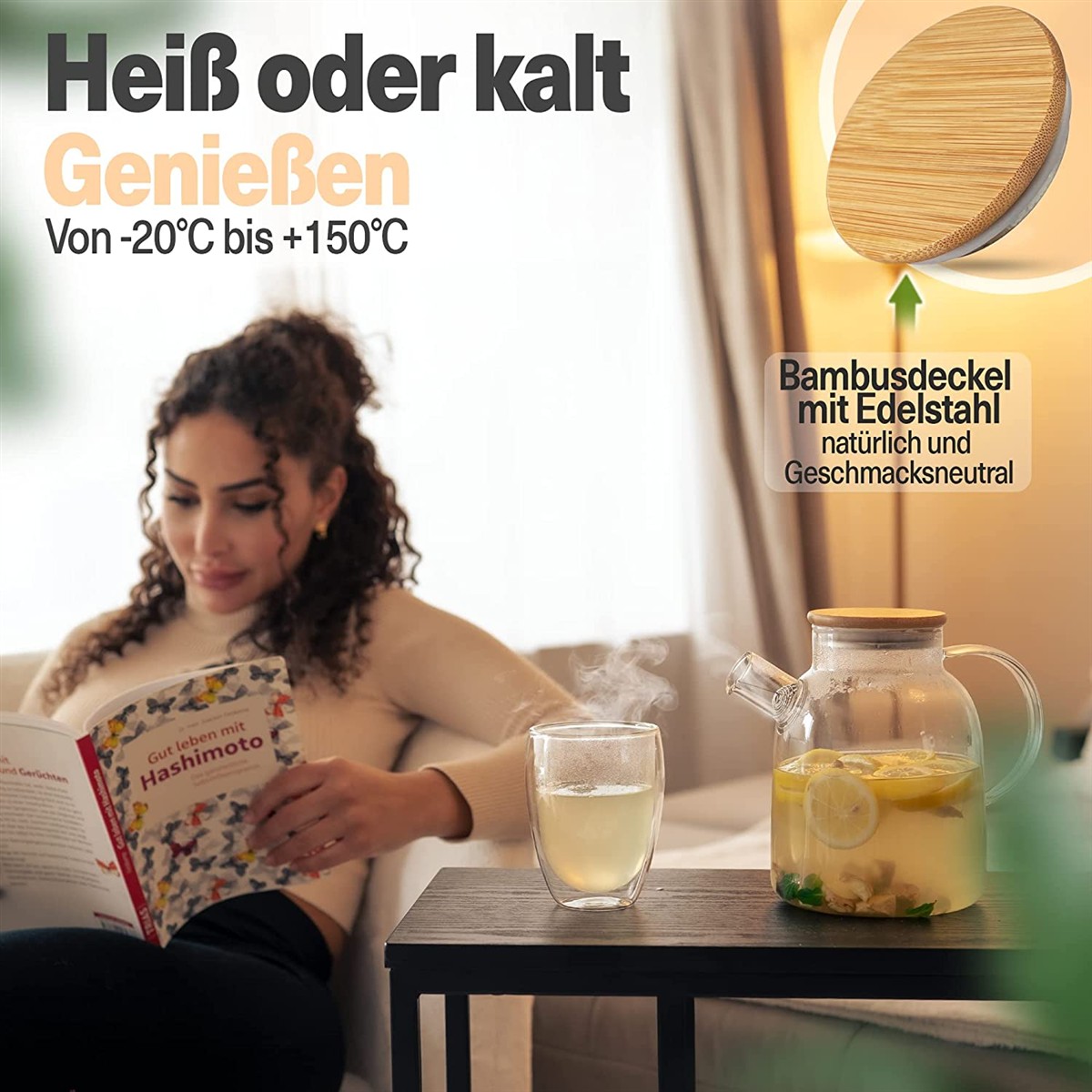 Bambusdeckel, Edelstahl, Geschmacksneutral, Glas, Kaffee-Teeset