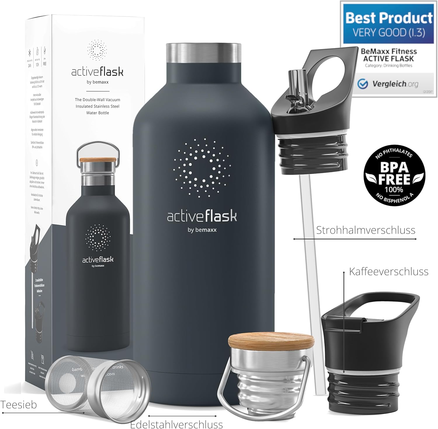 BeMaxx Trinkflasche Edelstahl ACTIVE FLASK grau Bamboo-Verschluss 950l