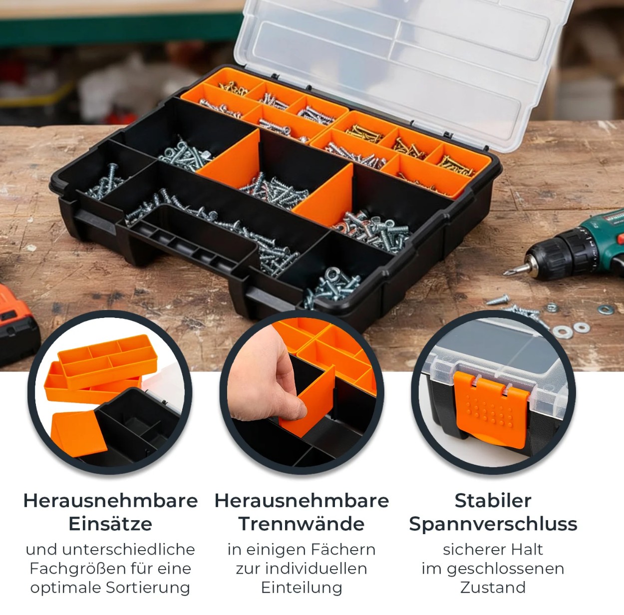 HMF Sortierbox 4-teilig leer 49 Fächer mit transparentem Deckel