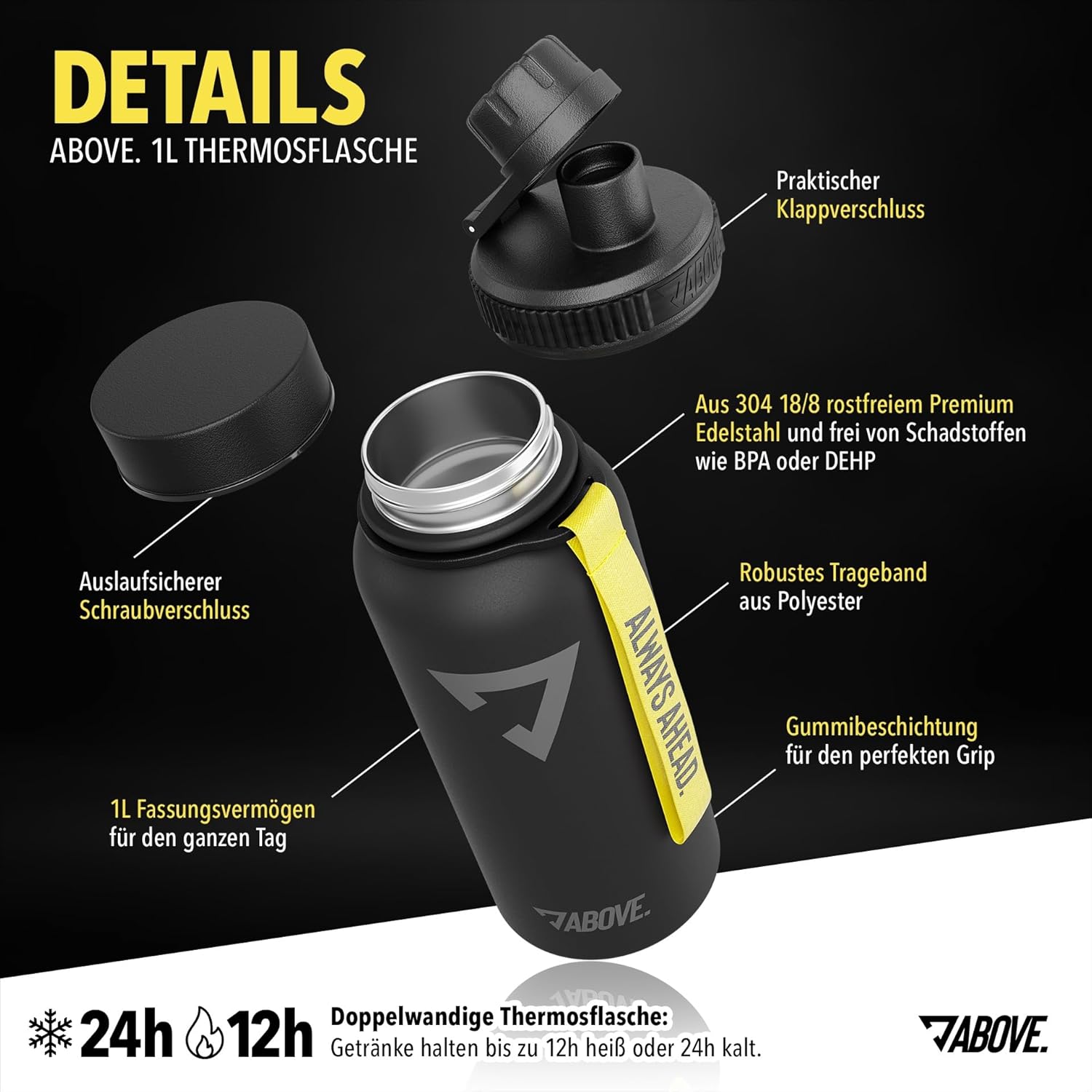 ABOVE Trinkflasche Edelstahl 950ml schwarz Thermosflasche Fitness Sport Outdoor