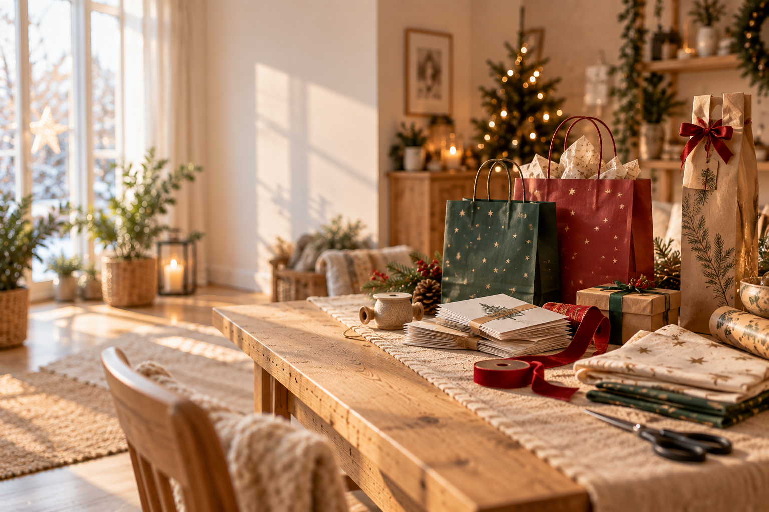 Weihnachtsgeschenke, Geschenktüten, Dekoration, Holztisch, Lampe