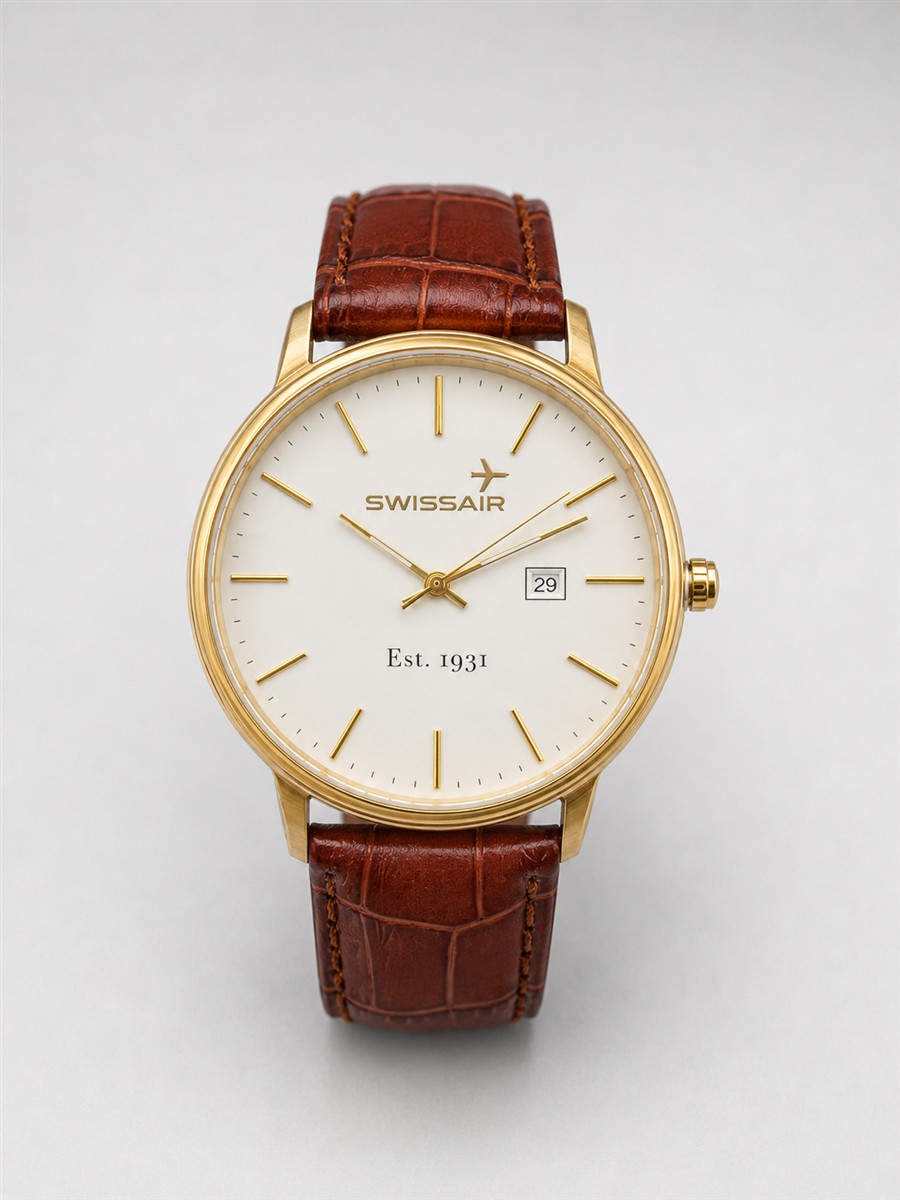 Armbanduhr, Gold, Lederband, Analoguhr, Datum