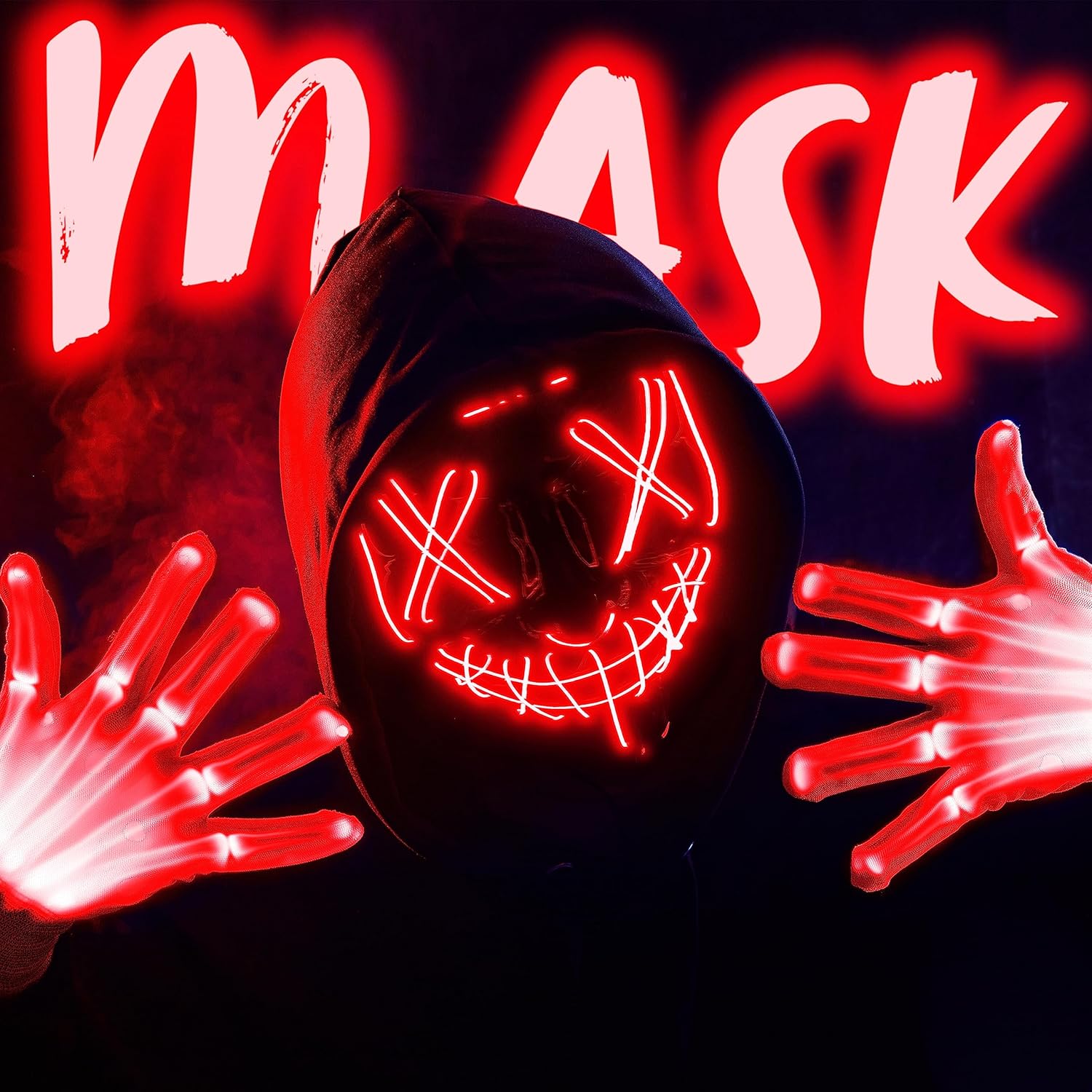 JOYIN Halloween-LED-Maske mit Handschuhen, 3 Modi, leuchtende Maske, Kostümzubehör (rot), gruselig, leuchtet im Dunkeln Masken für Cosplay Party Verkleidung Geschenke
