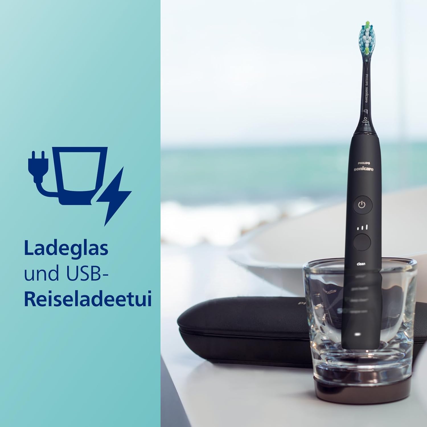Philips Sonicare DiamondClean 9000 elektrische Zahnbürste, Schallzahnbürste mit App, Drucksensor, 4 Putzmodi, 3 Intensitätsstufen, Ladeglas und USB-Reiseetui Schwarz Modell HX9911/09
