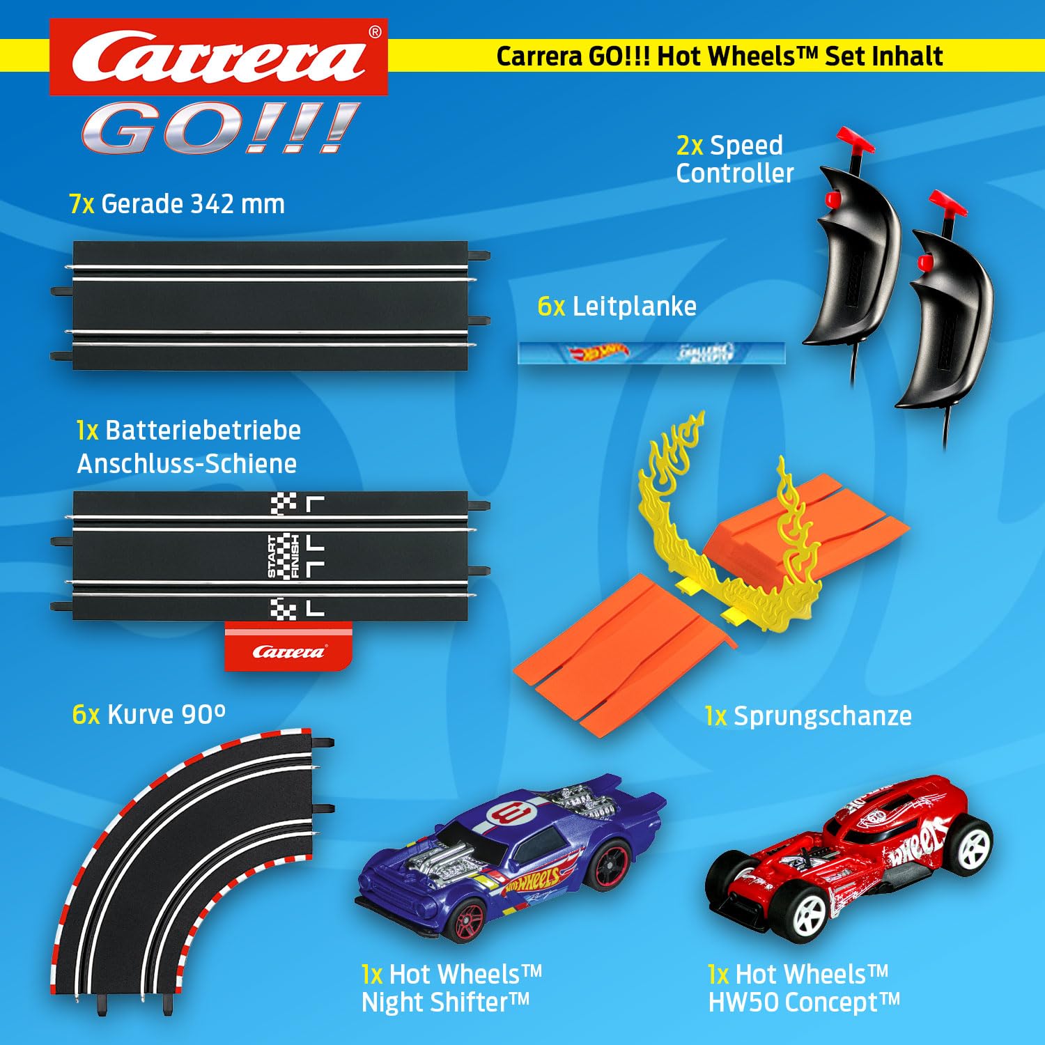 Mattel 20063517 Carrera Go Hot Wheels Rennbahn Set Duell Night Shifter HW50 Concept Sprungschanze mit Feuerring 1:43 Autorennbahn