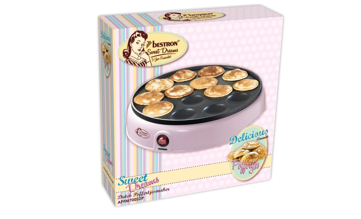 Bestron Poffertjes Maker im Retro Design Mini Pfannkuchen Automat mit Antihaftbeschichtung Sweet Dreams 800 W Farbe: Rosa
