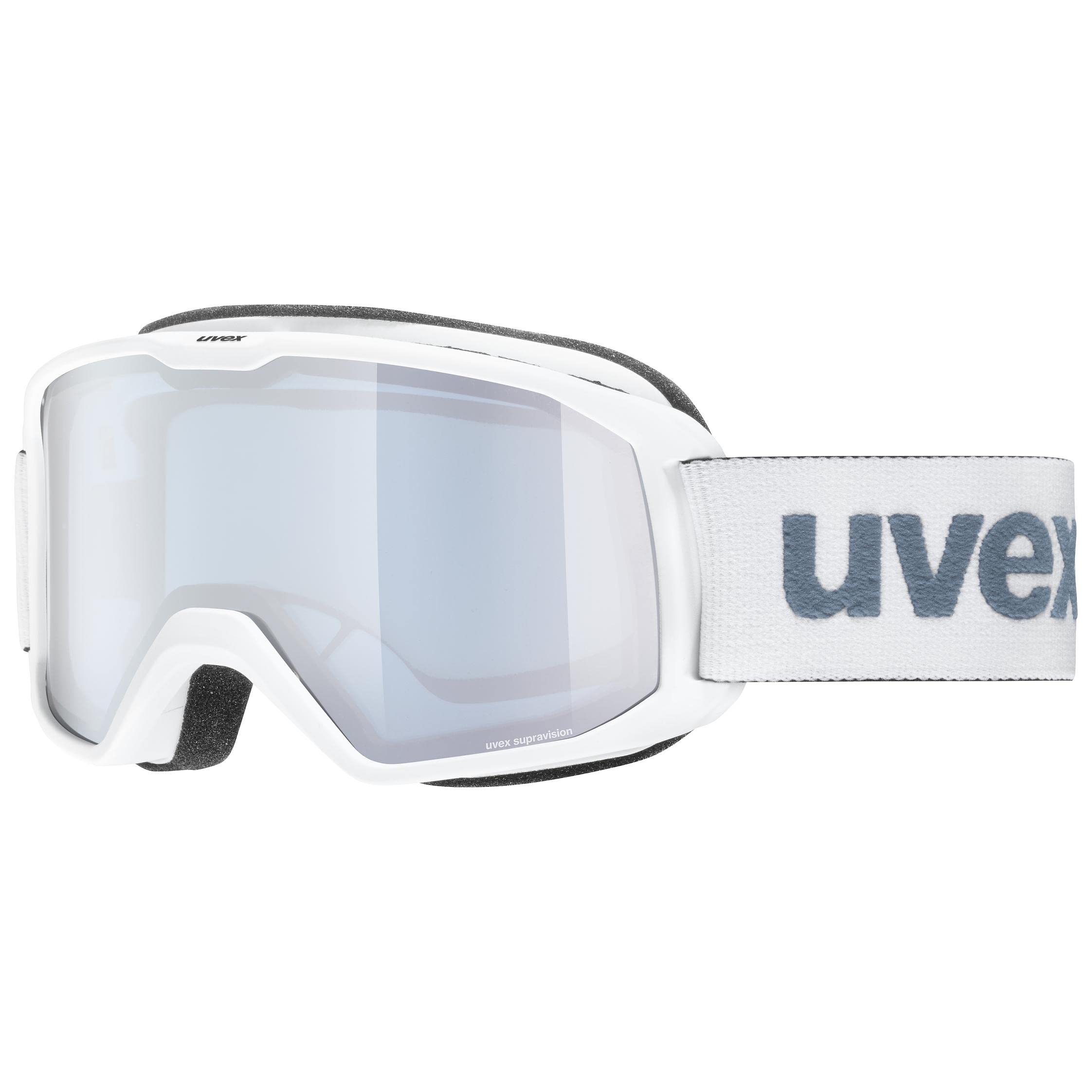 uvex elemnt FM - Skibrille für Damen und Herren - vergrößertes, beschlagfreies Sichtfeld - zugfreie Rahmenbelüftung - white matt/silver-blue - one size