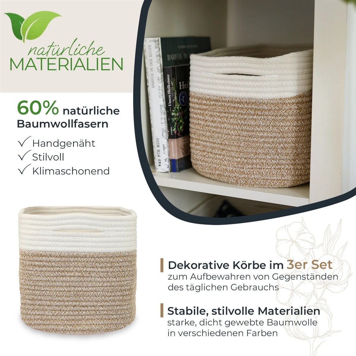 Wandkorb, Aufbewahrungskorb, Stoffkorb, Naturmaterial, Baumwollfaser