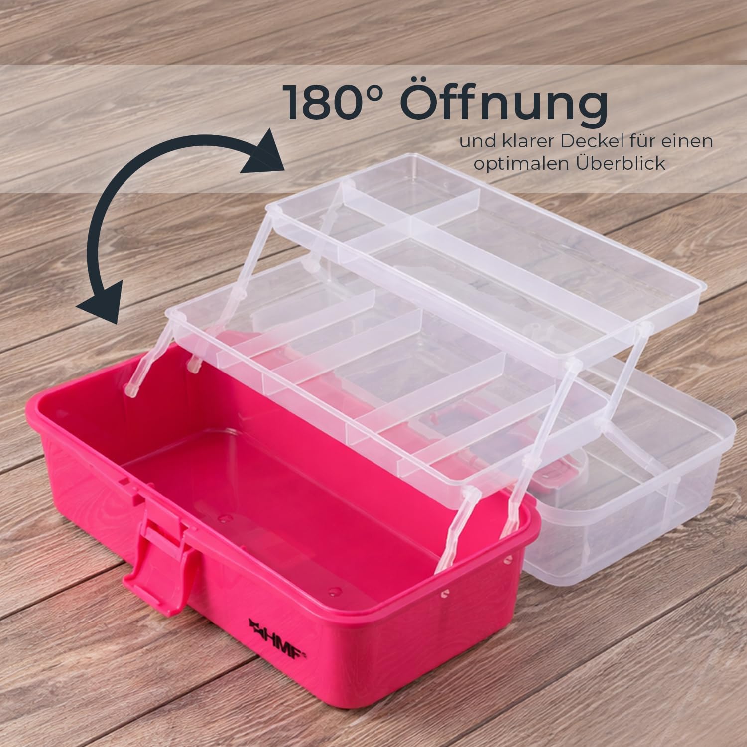 HMF Nähkasten aufklappbar mit 3 Ebenen Sortierbox für Kleinteile 36,5 x 20,5 x 16 cm Pink