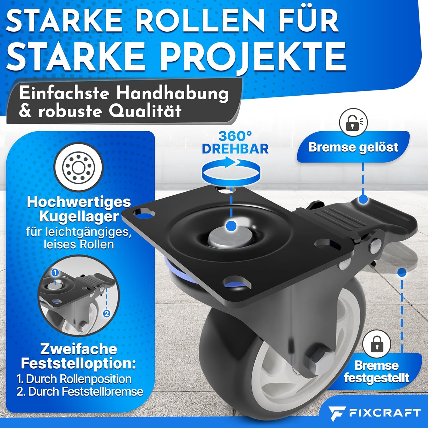 Rollen, Schwenkplatte, Gummirad, Feststeller, Bremsen lösen