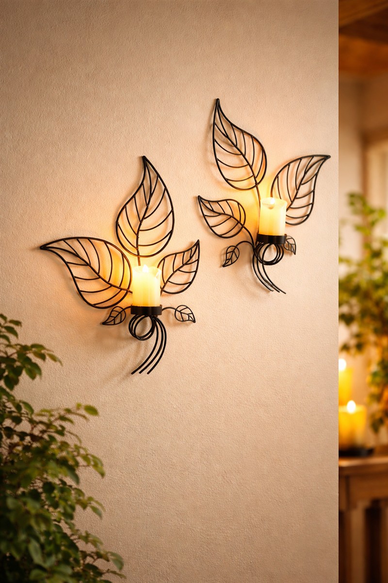 Wandkerzenhalter Blätterform mit LED-Kerze 2er Set